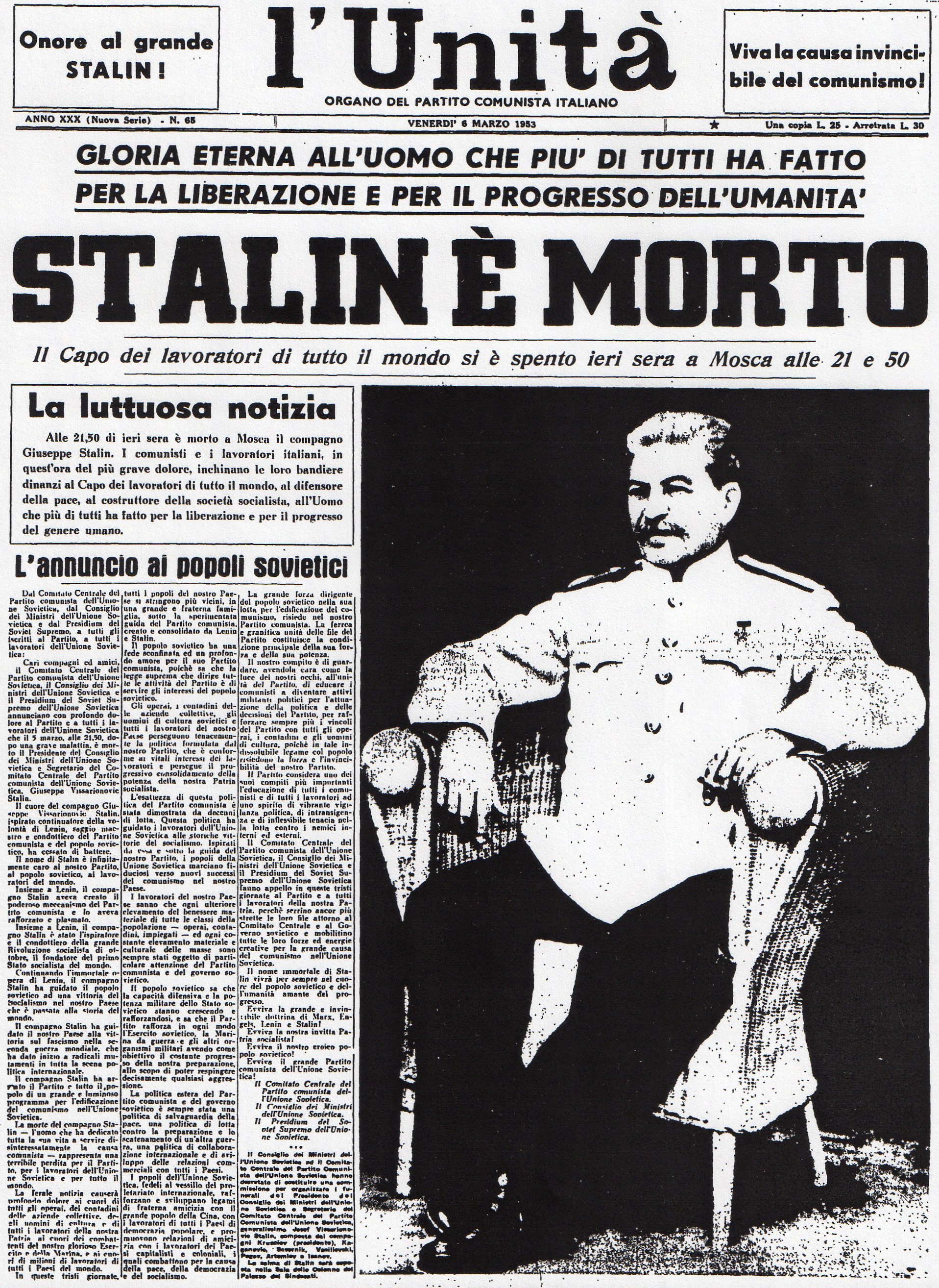 l'Unità - morte di Stalin